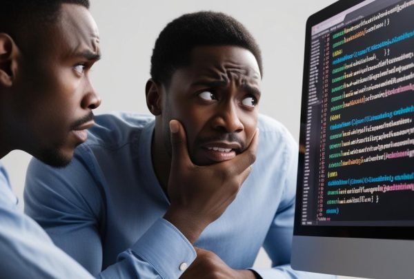 bug en programmation. la mains sur le menton et souciant. un africain noir. on doit voir le code sur l'ordinateur. son visage doit regarder l'ecrant bug en programmation. la mains sur le menton et souciant. un africain noir. on doit voir le code sur l'ordinateur. son visage doit regarder l'ecrant